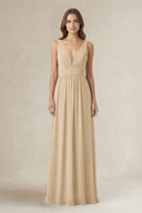 Illusion V-Neck A-Line Ruched Bridesmaid Dress in Champagne | KISSBRIDAL