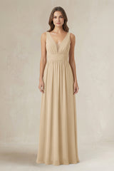 Illusion V-Neck A-Line Ruched Bridesmaid Dress in Champagne | KISSBRIDAL