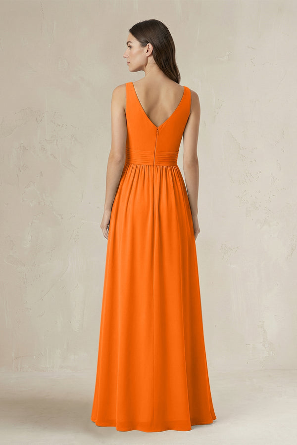 Illusion V - Neck A - Line Ruched Bridesmaid Dress in Cinnamon - SHE IS ME Bridesmaid Dresses