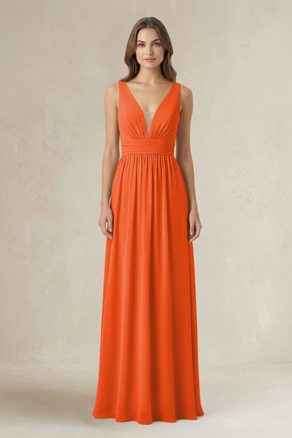 Illusion V-Neck A-Line Ruched Bridesmaid Dress in Cinnamon
