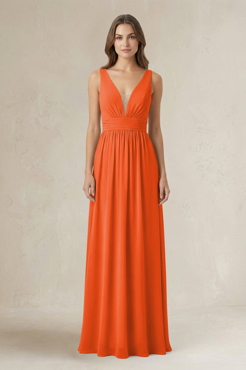 Illusion V-Neck A-Line Ruched Bridesmaid Dress in Cinnamon | KISSBRIDAL