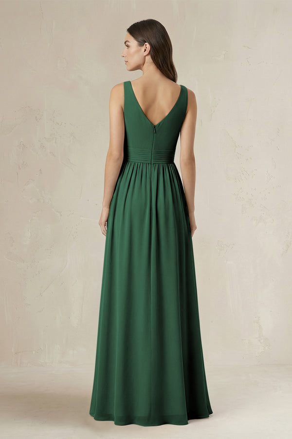 Illusion V-Neck A-Line Ruched Bridesmaid Dress in Dark Green (2) | KISSBRIDAL