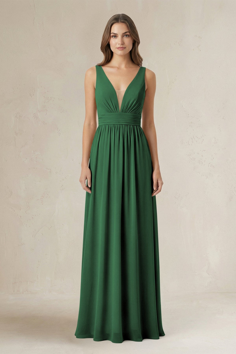 Illusion V - Neck A - Line Ruched Bridesmaid Dress in Dark Green - KISS BRIDAL Bridesmaid Dresses