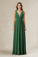 Illusion V - Neck A - Line Ruched Bridesmaid Dress in Dark Green - SHE IS ME Bridesmaid Dresses