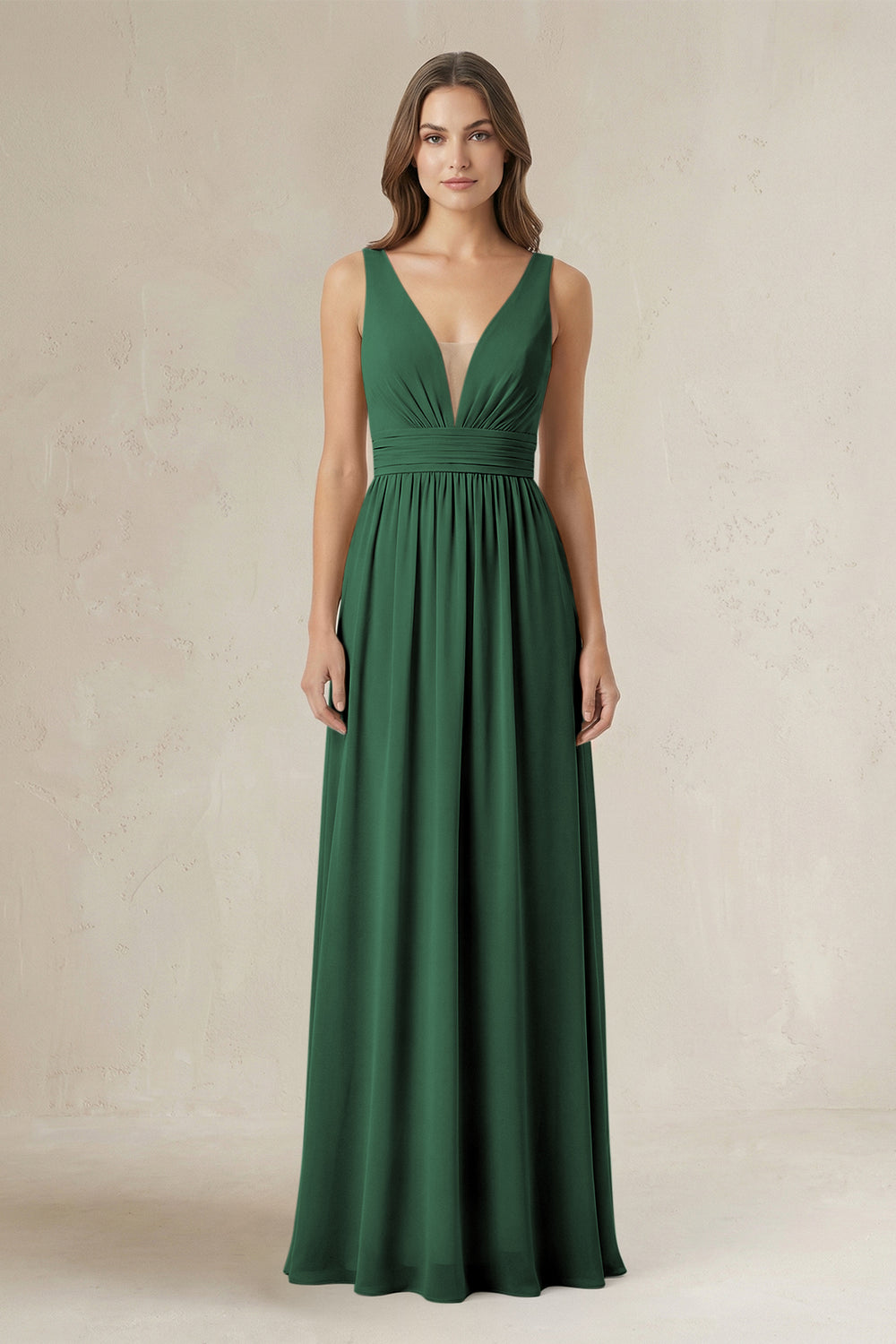 Illusion V-Neck A-Line Ruched Bridesmaid Dress in Dark Green