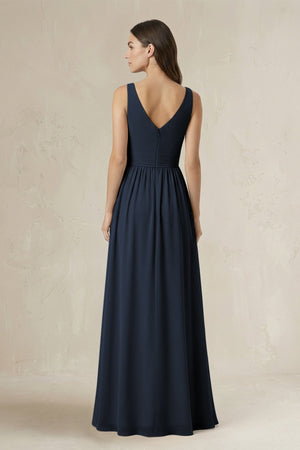 Illusion V - Neck A - Line Ruched Bridesmaid Dress in Dark Navy - SHE IS ME Bridesmaid Dresses