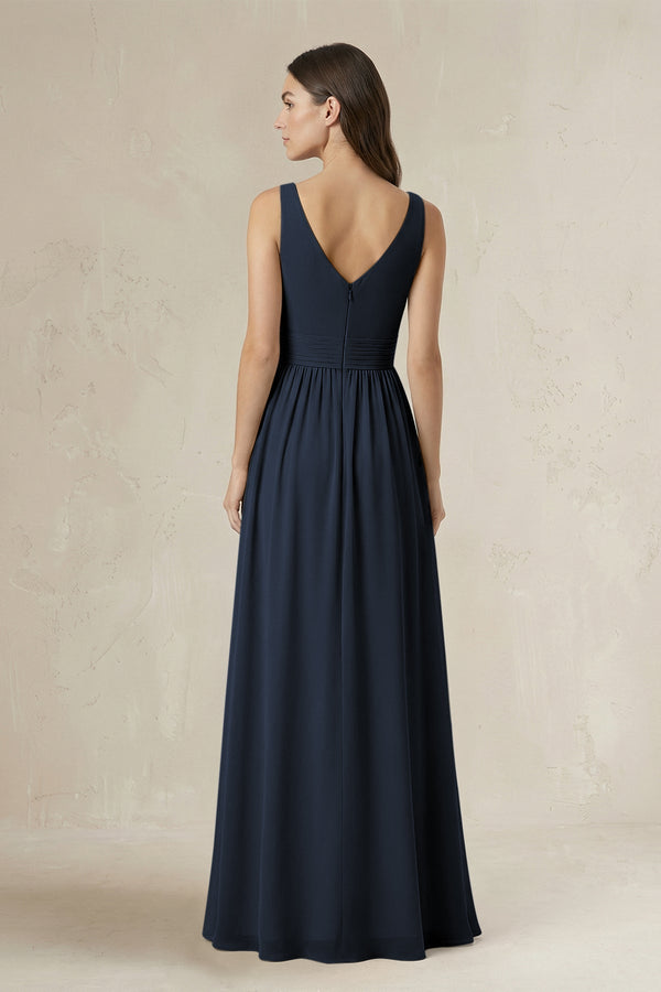 Illusion V - Neck A - Line Ruched Bridesmaid Dress in Dark Navy - SHE IS ME Bridesmaid Dresses