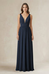Illusion V - Neck A - Line Ruched Bridesmaid Dress in Dark Navy - KISS BRIDAL Bridesmaid Dresses