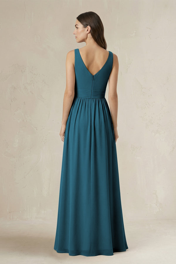 Illusion V - Neck A - Line Ruched Bridesmaid Dress in Dark Teal - SHE IS ME Bridesmaid Dresses