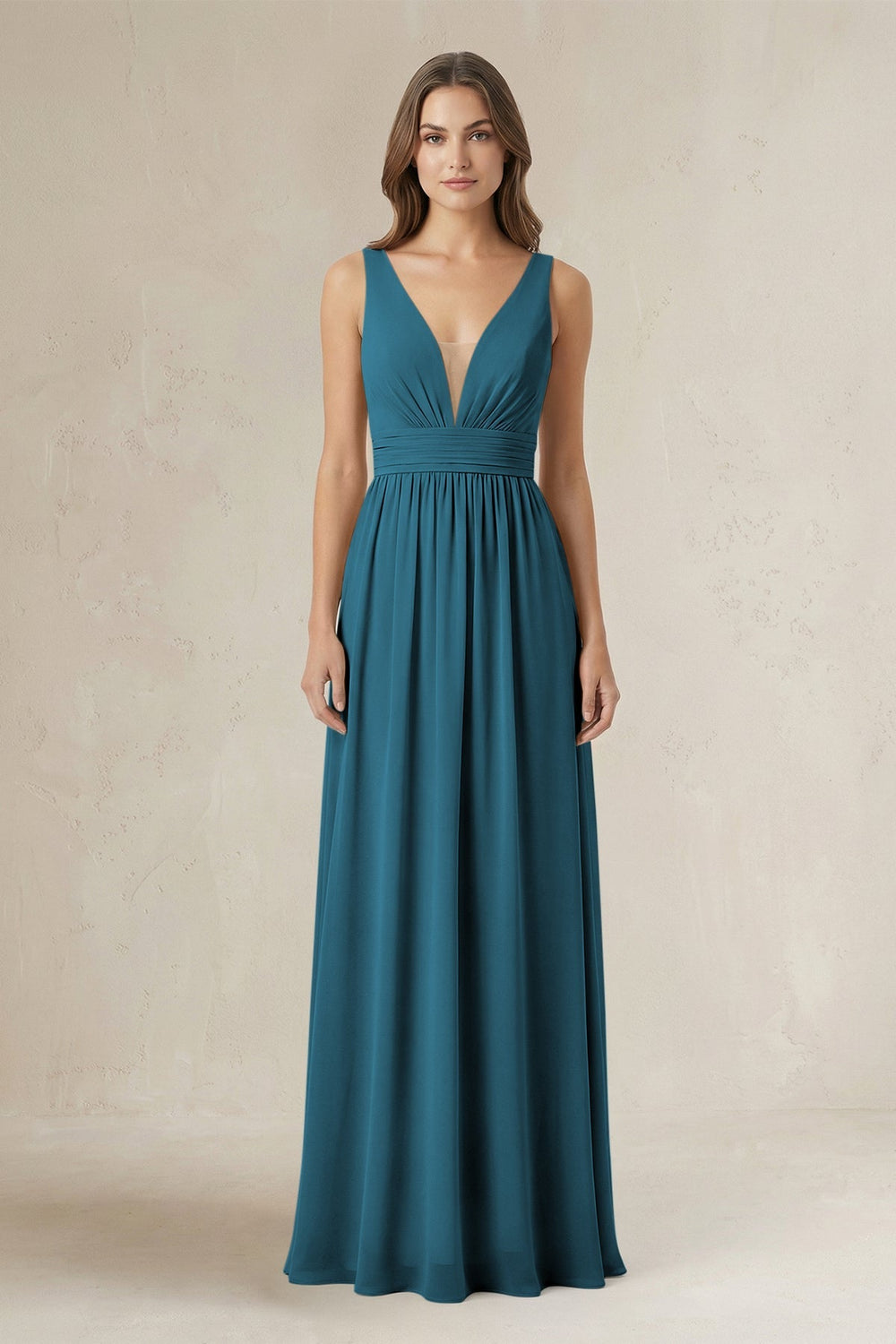 Illusion V - Neck A - Line Ruched Bridesmaid Dress in Dark Teal - KISS BRIDAL Bridesmaid Dresses