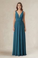 Illusion V - Neck A - Line Ruched Bridesmaid Dress in Dark Teal - KISS BRIDAL Bridesmaid Dresses