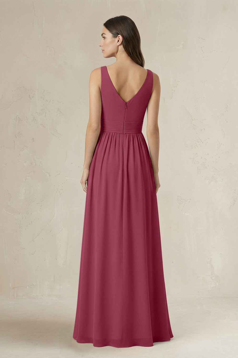 Illusion V - Neck A - Line Ruched Bridesmaid Dress in Desert Rose - KISS BRIDAL Bridesmaid Dresses