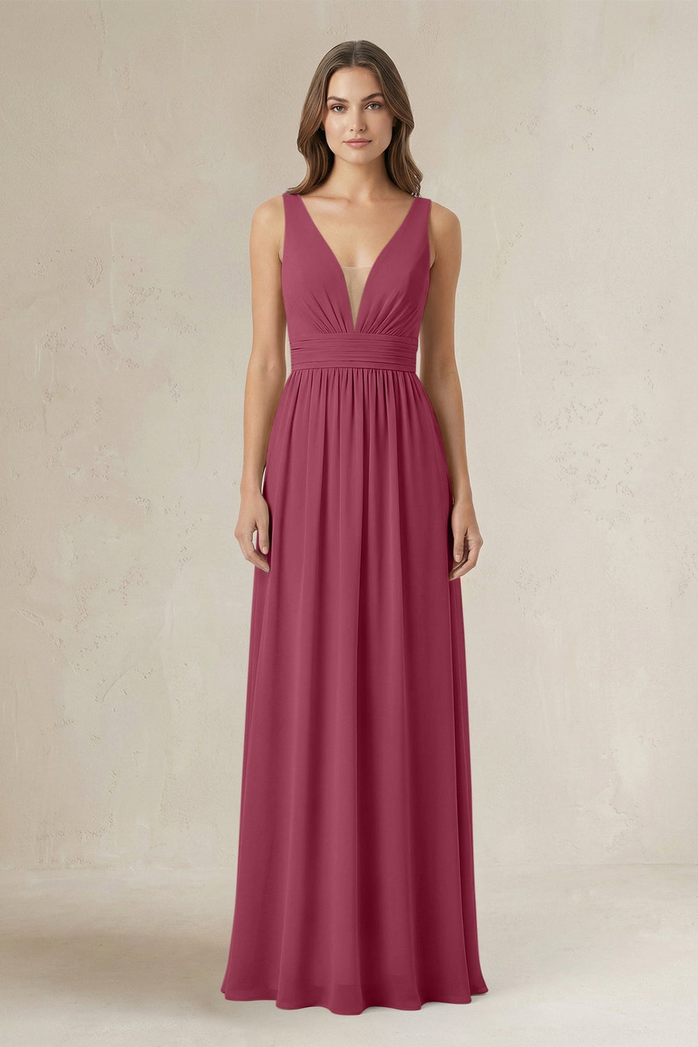 Illusion V - Neck A - Line Ruched Bridesmaid Dress in Desert Rose - KISS BRIDAL Bridesmaid Dresses