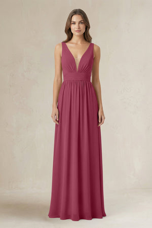 Illusion V - Neck A - Line Ruched Bridesmaid Dress in Desert Rose - SHE IS ME Bridesmaid Dresses