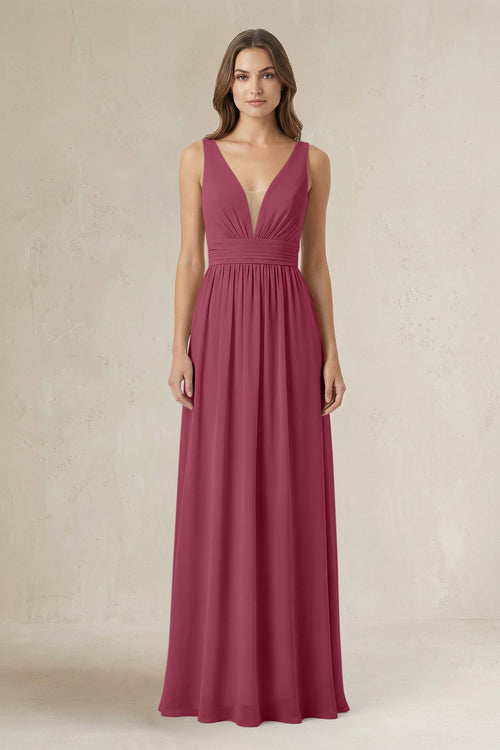 Illusion V - Neck A - Line Ruched Bridesmaid Dress in Desert Rose - SHE IS ME Bridesmaid Dresses