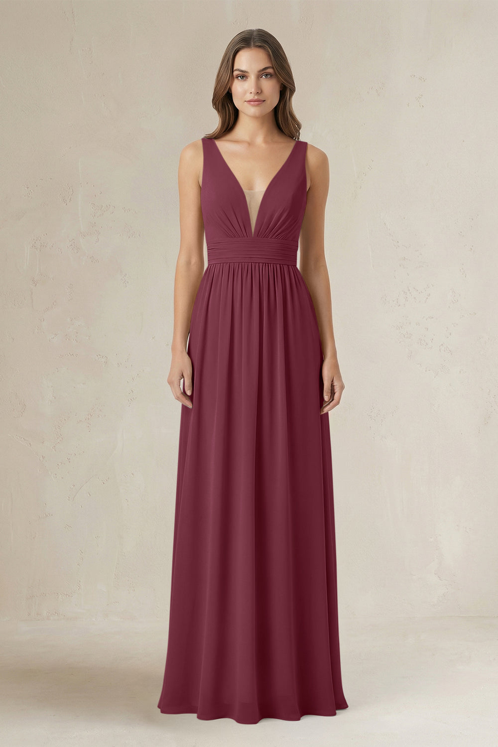 Illusion V-Neck A-Line Ruched Bridesmaid Dress in Desert Rose