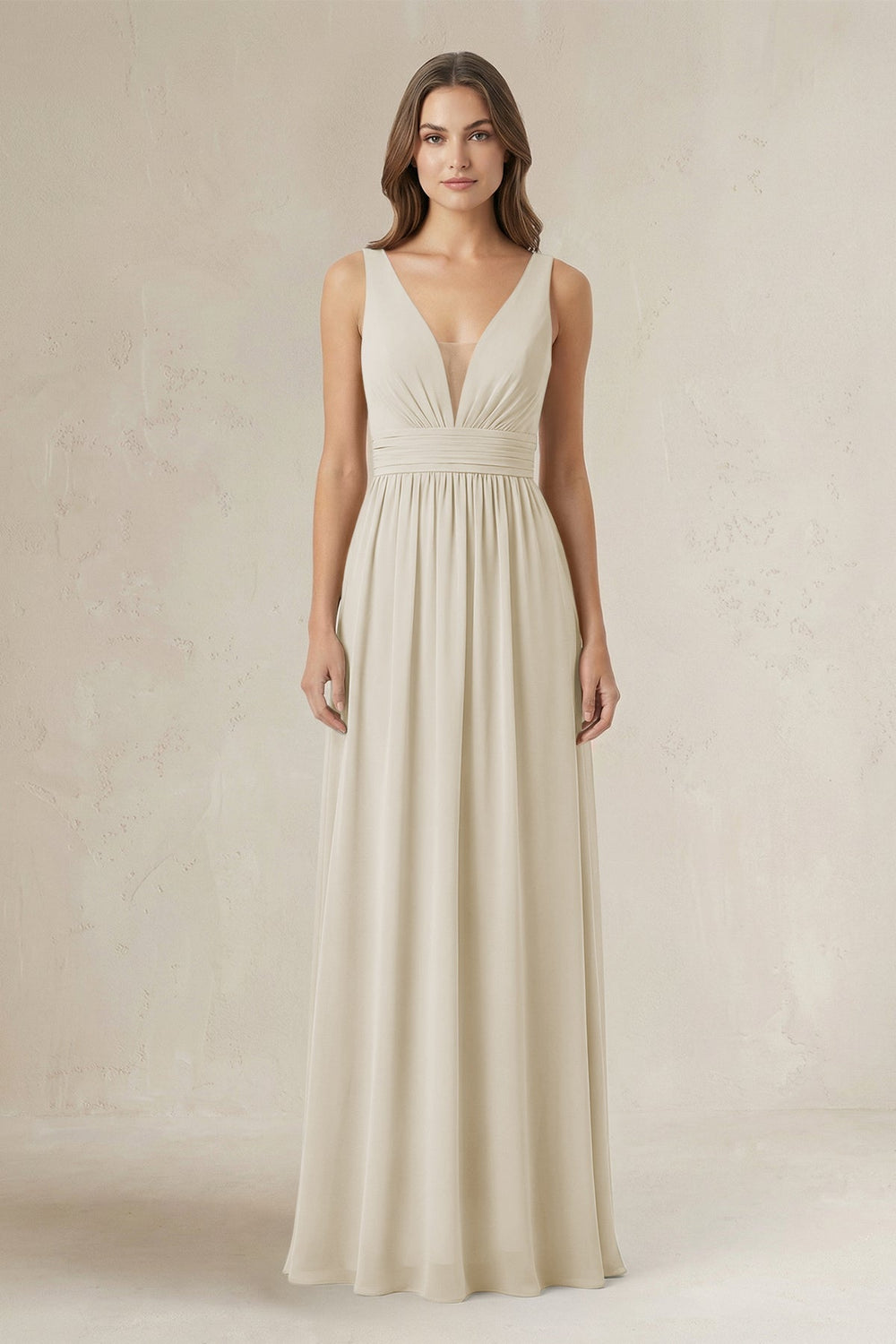 Illusion V - Neck A - Line Ruched Bridesmaid Dress in Dove Gray - KISS BRIDAL Bridesmaid Dresses