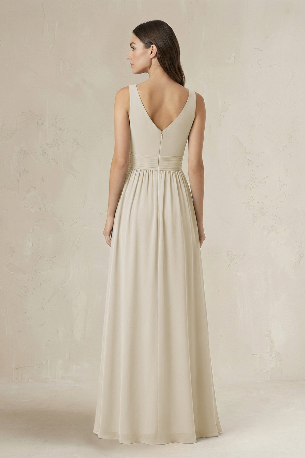 Illusion V - Neck A - Line Ruched Bridesmaid Dress in Dove Gray - KISS BRIDAL Bridesmaid Dresses