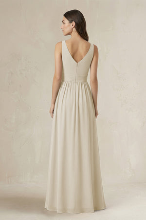 Illusion V - Neck A - Line Ruched Bridesmaid Dress in Dove Gray - SHE IS ME Bridesmaid Dresses