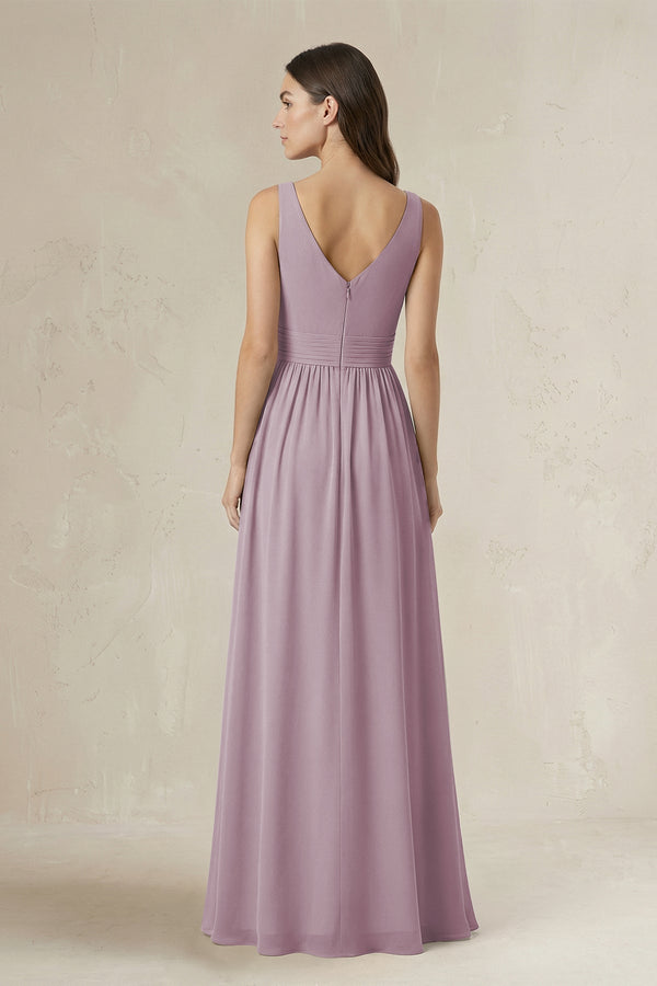 Illusion V - Neck A - Line Ruched Bridesmaid Dress in Dusk - SHE IS ME Bridesmaid Dresses
