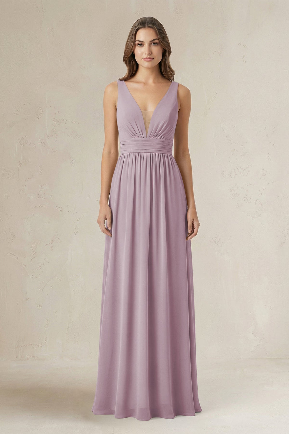 Illusion V - Neck A - Line Ruched Bridesmaid Dress in Dusk - KISS BRIDAL Bridesmaid Dresses