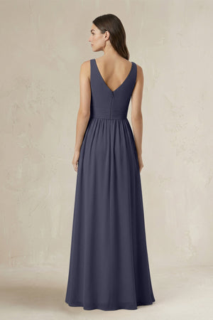 Illusion V - Neck A - Line Ruched Bridesmaid Dress in Dusk Blue - SHE IS ME Bridesmaid Dresses