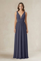 Illusion V - Neck A - Line Ruched Bridesmaid Dress in Dusk Blue - KISS BRIDAL Bridesmaid Dresses