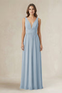 Illusion V - Neck A - Line Ruched Bridesmaid Dress in Dusty Blue - SHE IS ME Bridesmaid Dresses