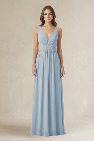 Illusion V - Neck A - Line Ruched Bridesmaid Dress in Dusty Blue - SHE IS ME Bridesmaid Dresses