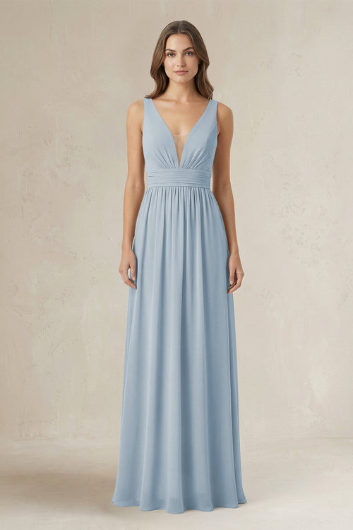 Illusion V - Neck A - Line Ruched Bridesmaid Dress in Dusty Blue - SHE IS ME Bridesmaid Dresses
