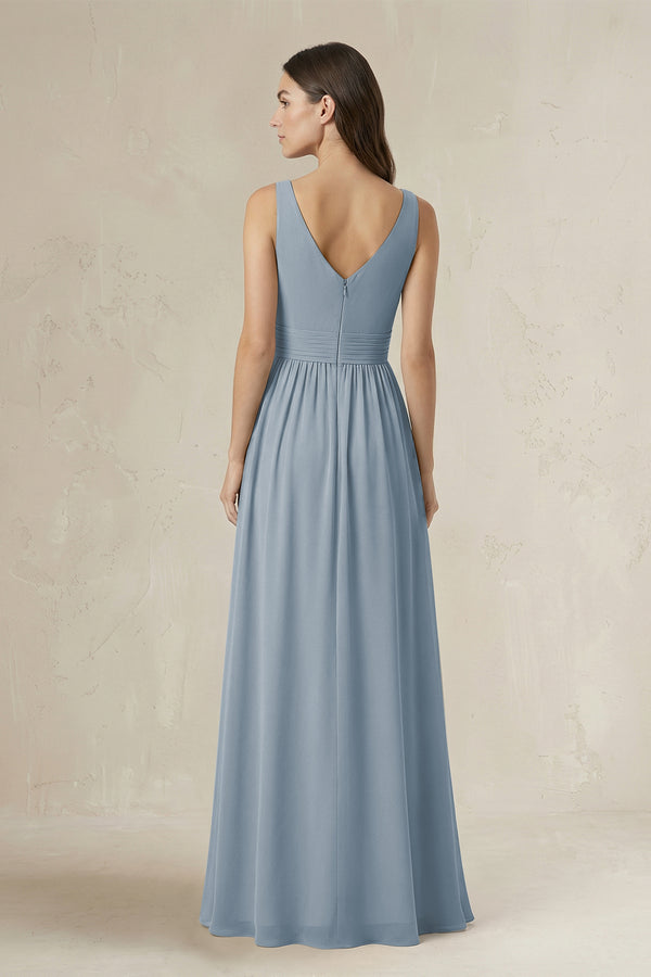 Illusion V-Neck A-Line Ruched Bridesmaid Dress in Dusty Blue (2) | KISSBRIDAL