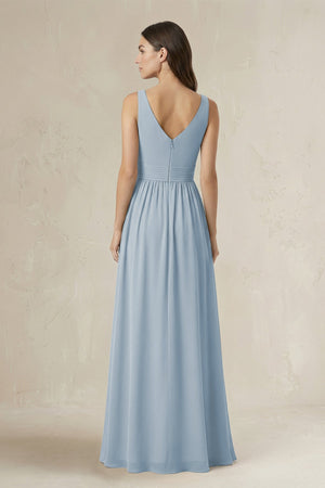 Illusion V - Neck A - Line Ruched Bridesmaid Dress in Dusty Blue - SHE IS ME Bridesmaid Dresses
