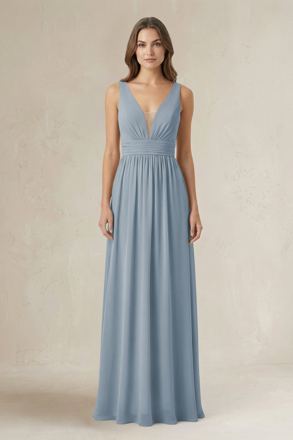 Illusion V-Neck A-Line Ruched Bridesmaid Dress in Dusty Blue