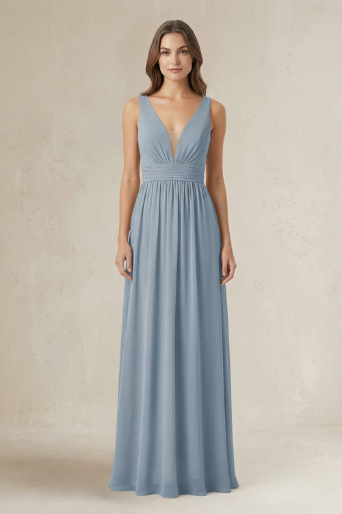 Illusion V-Neck A-Line Ruched Bridesmaid Dress in Dusty Blue | KISSBRIDAL