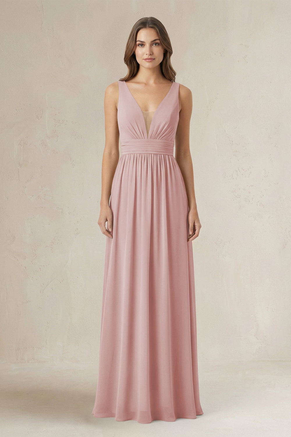 Illusion V - Neck A - Line Ruched Bridesmaid Dress in Dusty Rose - KISS BRIDAL Bridesmaid Dresses