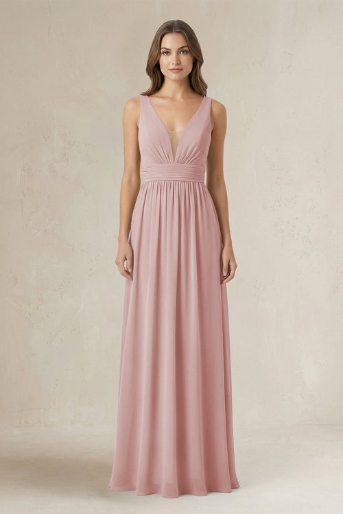 Illusion V - Neck A - Line Ruched Bridesmaid Dress in Dusty Rose - SHE IS ME Bridesmaid Dresses