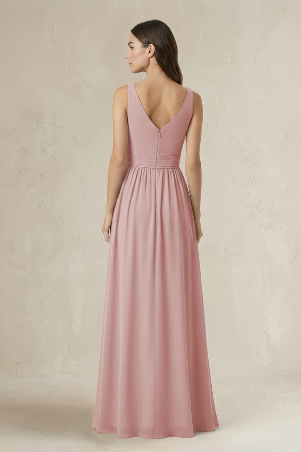 Illusion V - Neck A - Line Ruched Bridesmaid Dress in Dusty Rose - SHE IS ME Bridesmaid Dresses