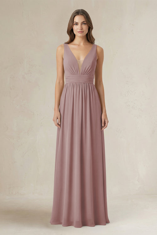 Illusion V-Neck A-Line Ruched Bridesmaid Dress in Dusty Rose | KISSBRIDAL