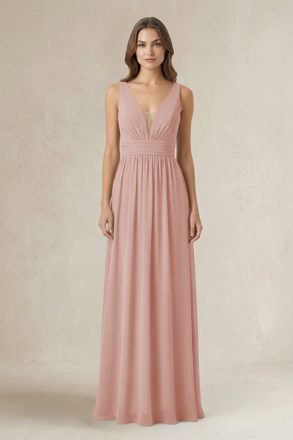 Illusion V-Neck A-Line Ruched Bridesmaid Dress in English Rose