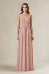 Illusion V-Neck A-Line Ruched Bridesmaid Dress in English Rose | KISSBRIDAL