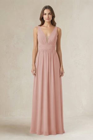 Illusion V-Neck A-Line Ruched Bridesmaid Dress in English Rose | KISSBRIDAL