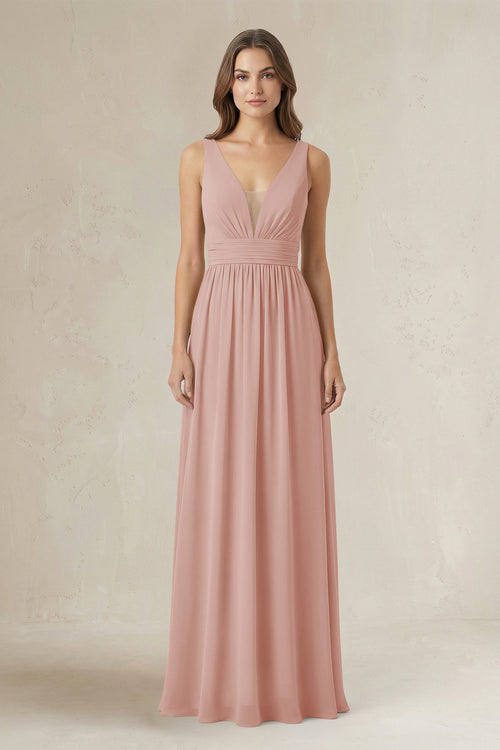 Illusion V-Neck A-Line Ruched Bridesmaid Dress in English Rose | KISSBRIDAL