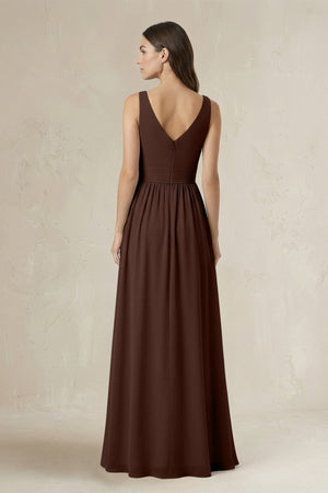 Illusion V - Neck A - Line Ruched Bridesmaid Dress in Espresso - SHE IS ME Bridesmaid Dresses