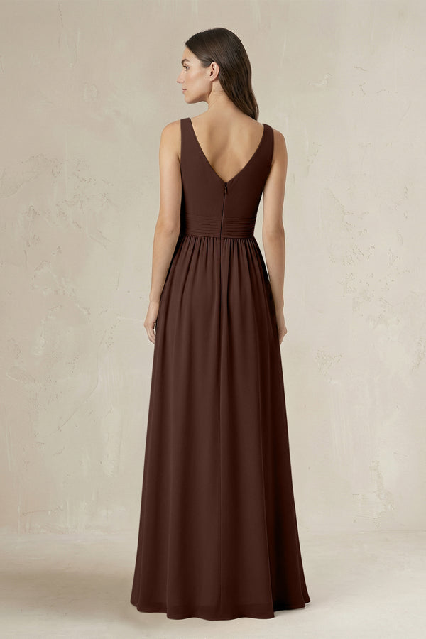 Illusion V - Neck A - Line Ruched Bridesmaid Dress in Espresso - SHE IS ME Bridesmaid Dresses
