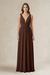 Illusion V - Neck A - Line Ruched Bridesmaid Dress in Espresso - KISS BRIDAL Bridesmaid Dresses