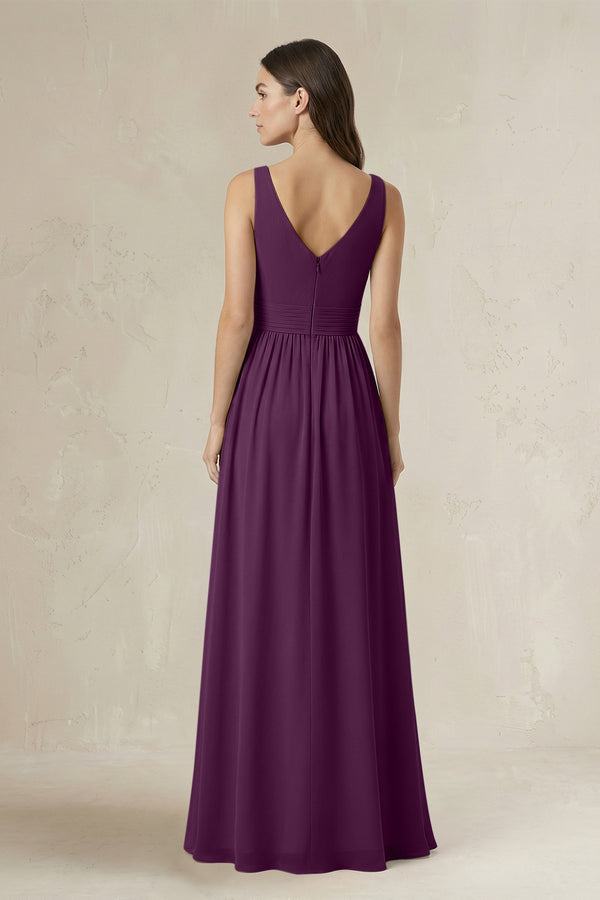 Illusion V-Neck A-Line Ruched Bridesmaid Dress in Fig (2) | KISSBRIDAL