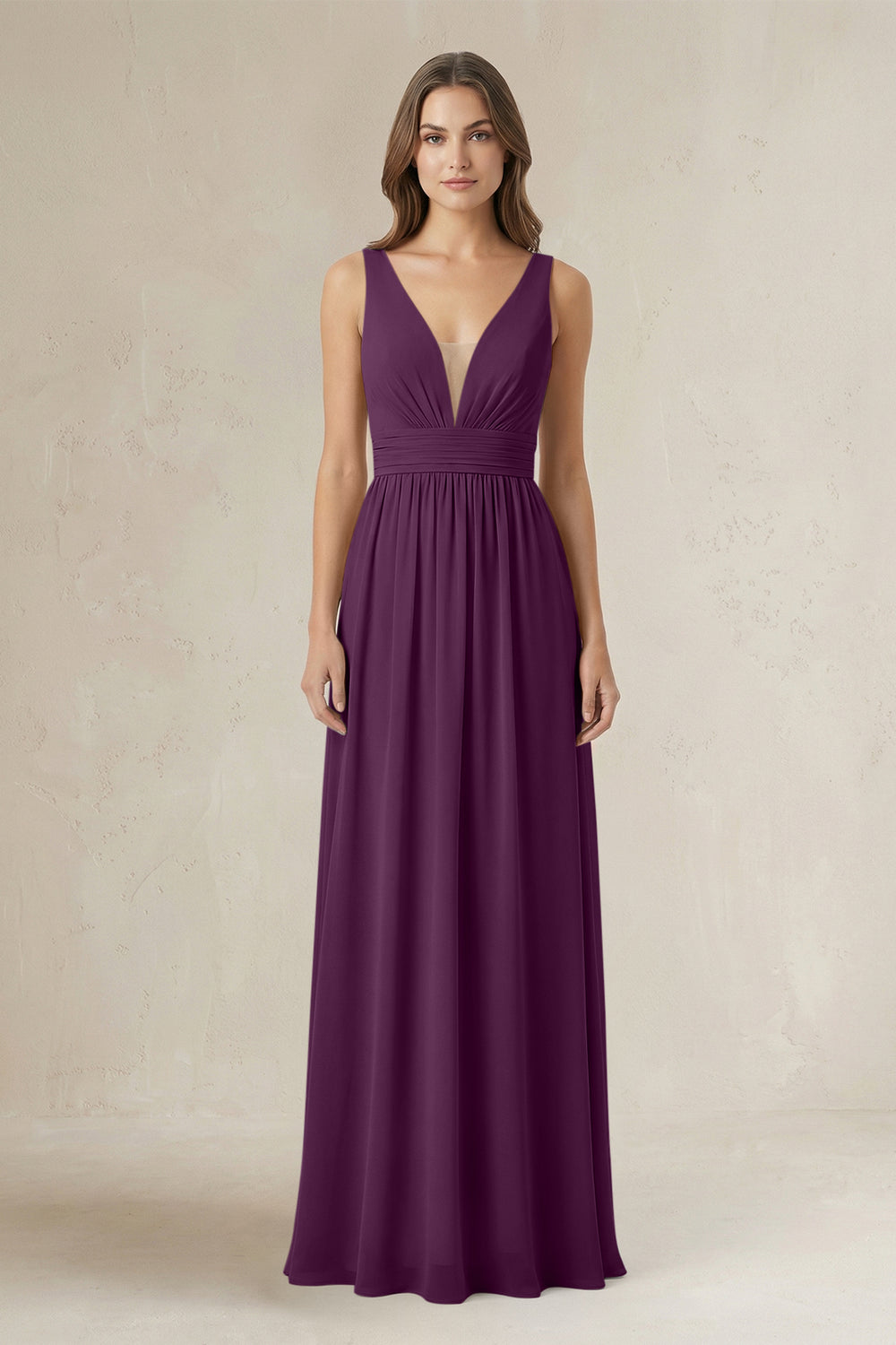 Illusion V-Neck A-Line Ruched Bridesmaid Dress in Fig