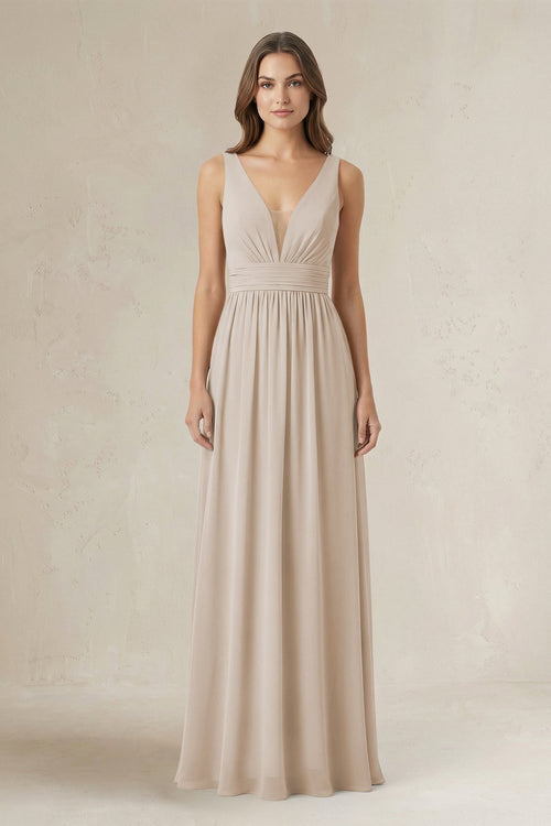 Illusion V - Neck A - Line Ruched Bridesmaid Dress in Frost - SHE IS ME Bridesmaid Dresses