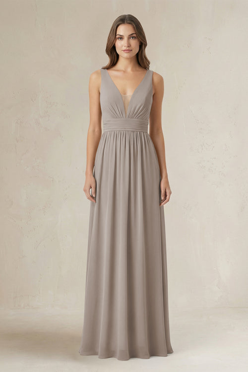 Illusion V-Neck A-Line Ruched Bridesmaid Dress in Frost | KISSBRIDAL