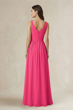 Illusion V-Neck A-Line Ruched Bridesmaid Dress in Fuchsia (2) | KISSBRIDAL